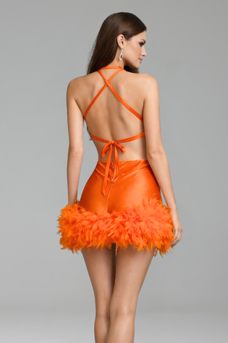 Orange Embellished Plunge Feather Mini Dress