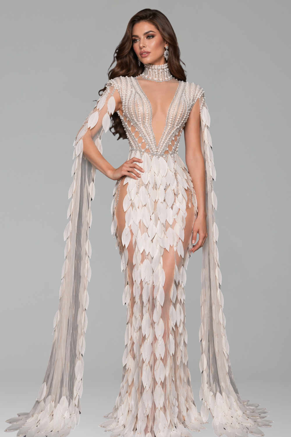 Feathered Illusion Cape Gown - LAROSABRIDE