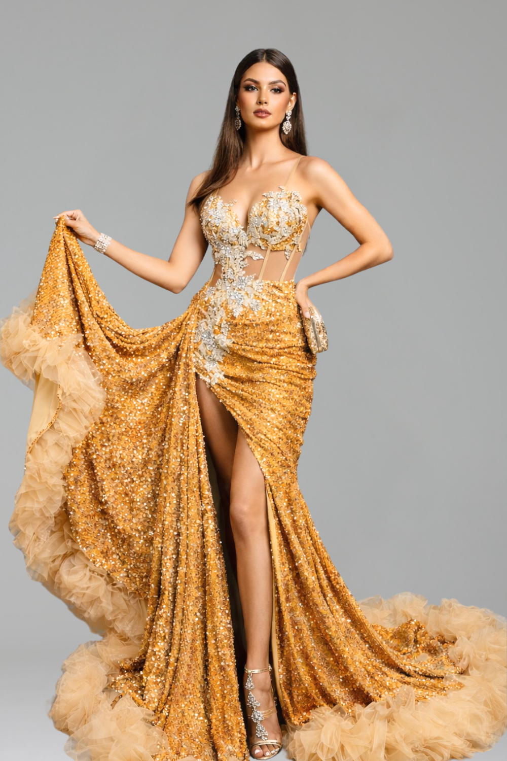 Draped Embellished Illusion Slit Gown - LAROSABRIDE