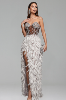 Strapless Embroidered Feather High-Slit Dress - LAROSABRIDE