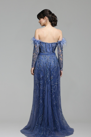 Feather Beaded High-Slit Mermaid Dress - LAROSABRIDE