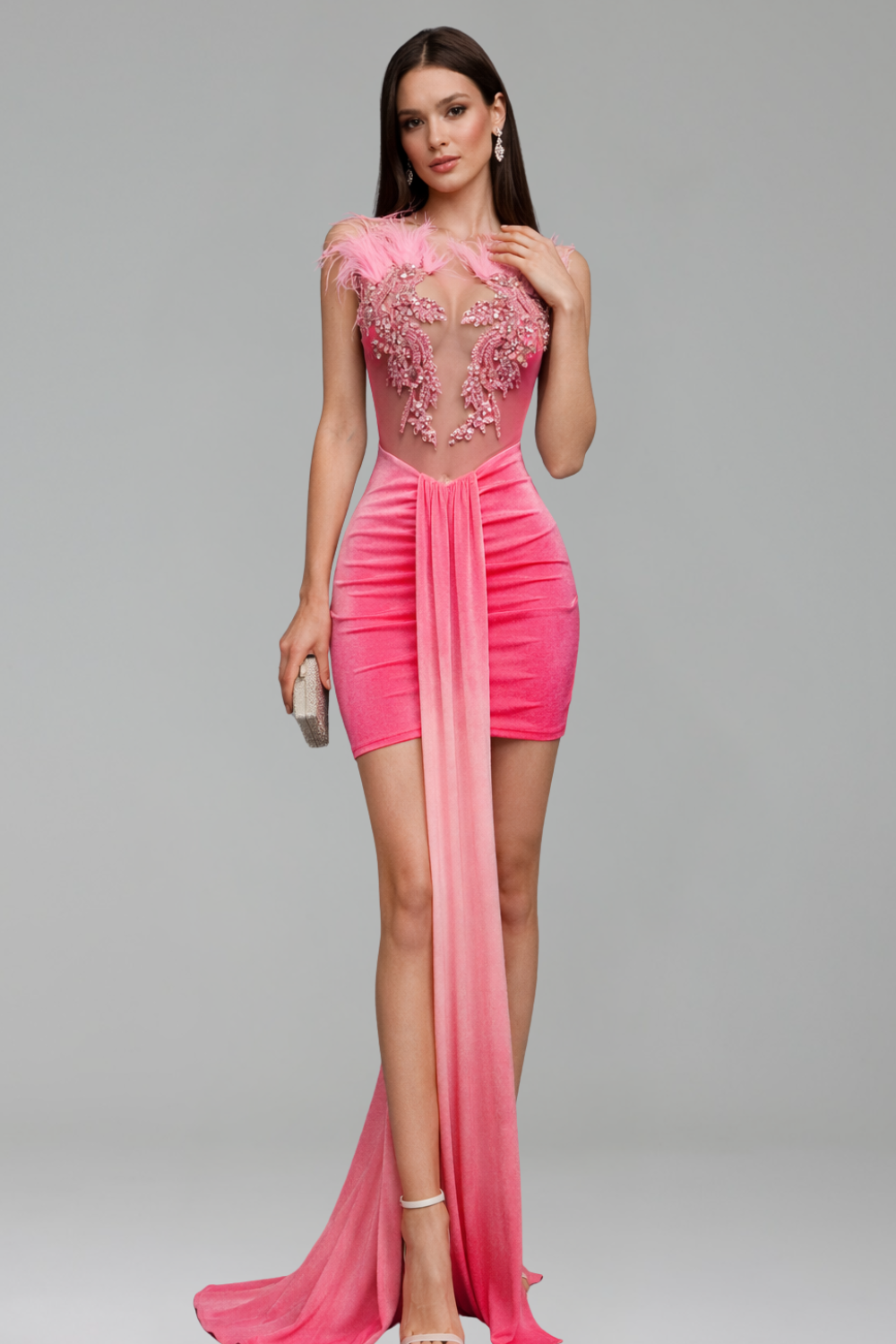 Feather Trim Draped Mini Dress - LAROSABRIDE