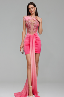 Feather Trim Draped Mini Dress - LAROSABRIDE