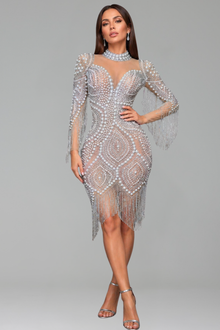 High-Neck Pearl Embellished Fringe Dress - LAROSABRIDE