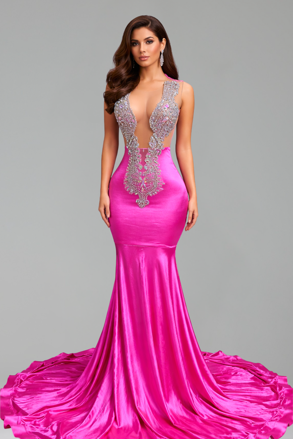 Illusion Plunge Satin Mermaid Gown - LAROSABRIDE