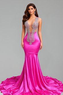Illusion Plunge Satin Mermaid Gown - LAROSABRIDE