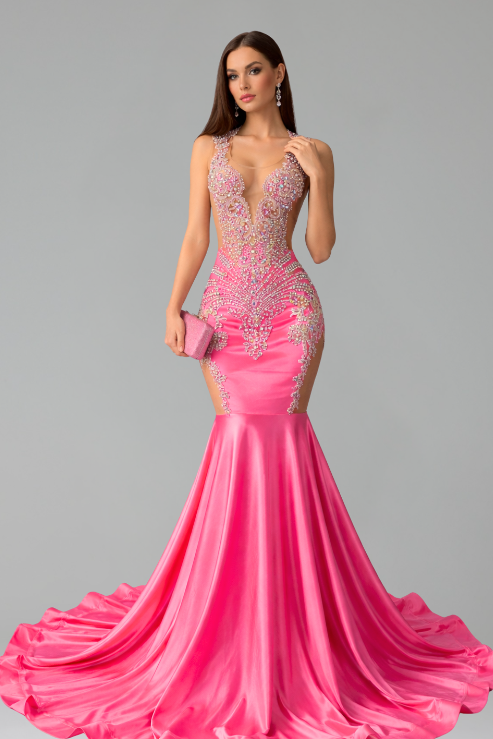 Embellished Deep V Mermaid Gown - LAROSABRIDE