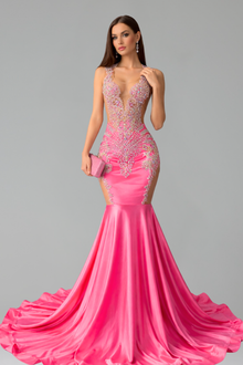 Embellished Deep V Mermaid Gown - LAROSABRIDE