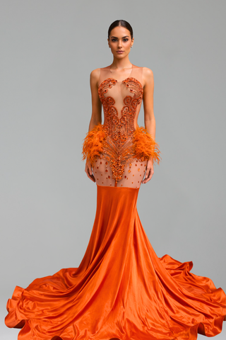 Illusion Feather Detail Mermaid Gown
