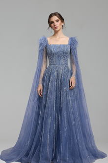 Feather Beaded Cape Dress - LAROSABRIDE
