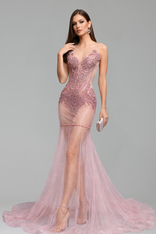Illusion Beaded Sheer Tulle Mermaid Gown - LAROSABRIDE