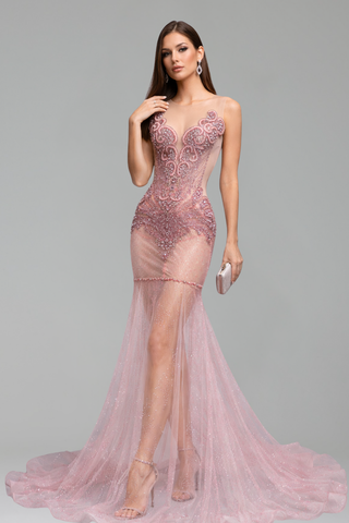 Illusion Beaded Sheer Tulle Mermaid Gown