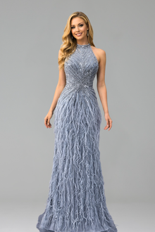Feather Beaded Halter Mermaid Dress - LAROSABRIDE