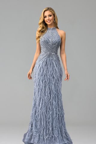 Feather Beaded Halter Mermaid Dress - LAROSABRIDE