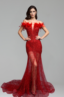 Feather Beaded Illusion Evening Dress - LAROSABRIDE