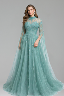Beaded Cape Sleeve A-Line Dress - LAROSABRIDE