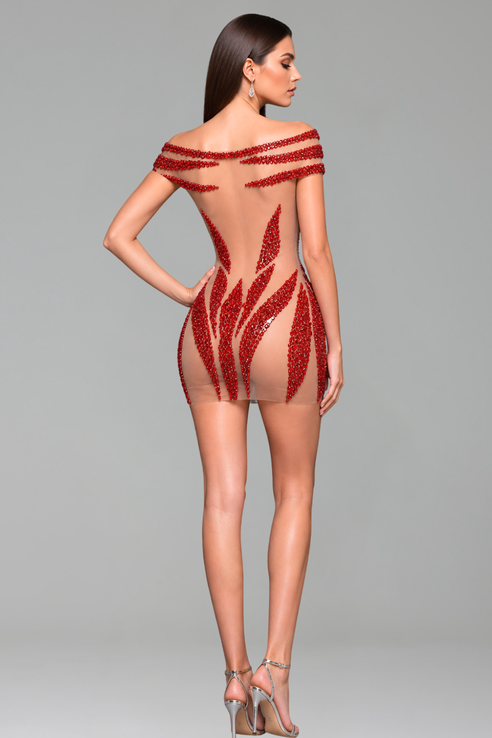 Off-Shoulder Sheer Embellished Mini Dress - LAROSABRIDE
