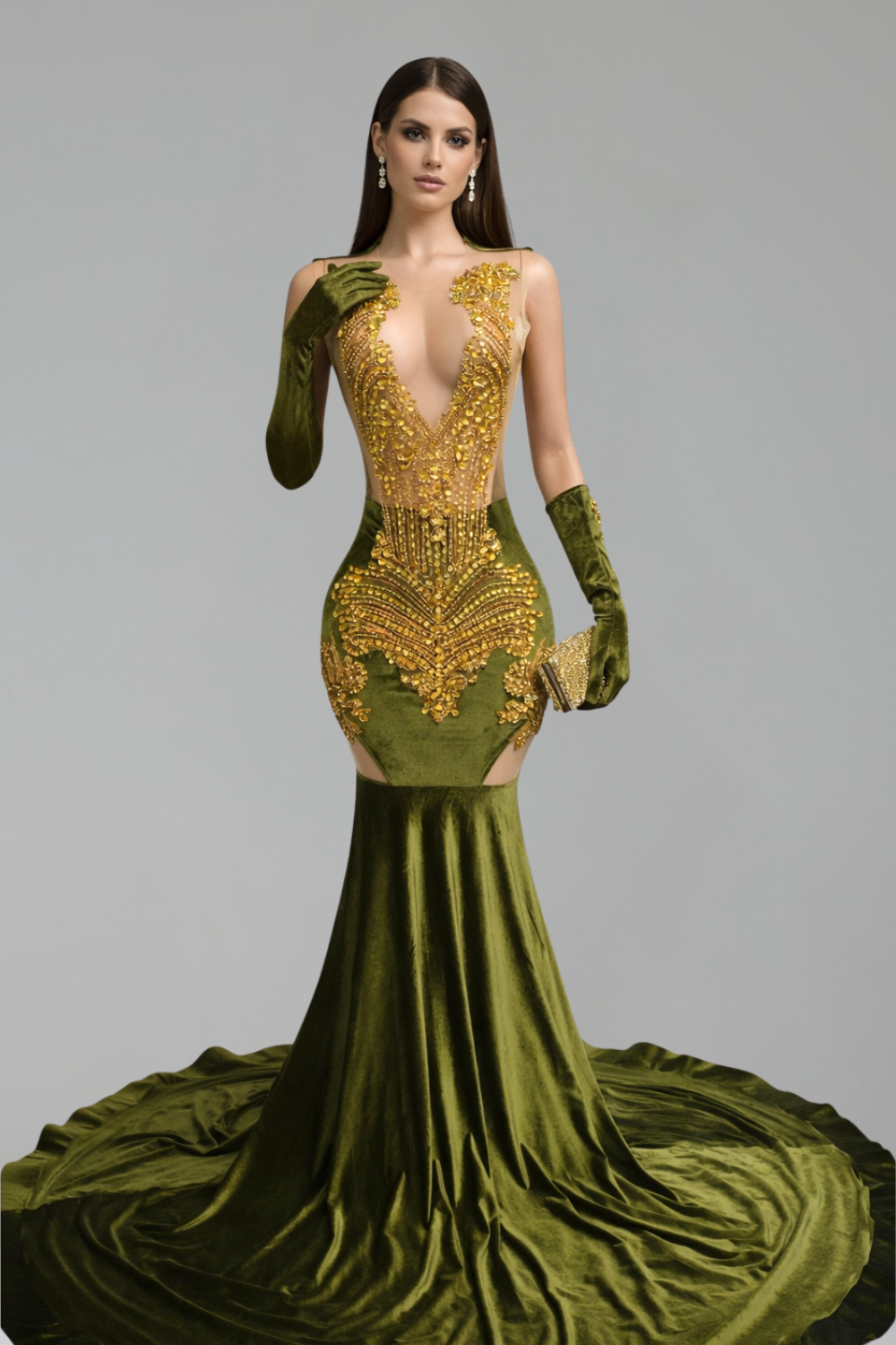 Embellished Deep V Cutout Mermaid Gown - LAROSABRIDE