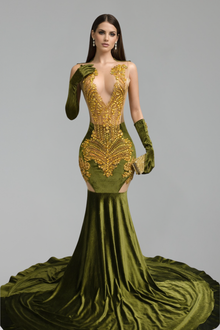 Embellished Deep V Cutout Mermaid Gown - LAROSABRIDE