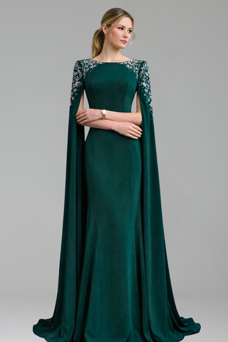 Satin Mermaid Cape Sleeve Dress - LAROSABRIDE
