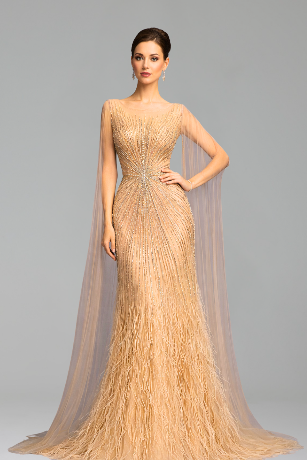 Feather Cape Sleeve Evening Dress - LAROSABRIDE