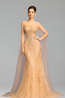 Feather Cape Sleeve Evening Dress - LAROSABRIDE