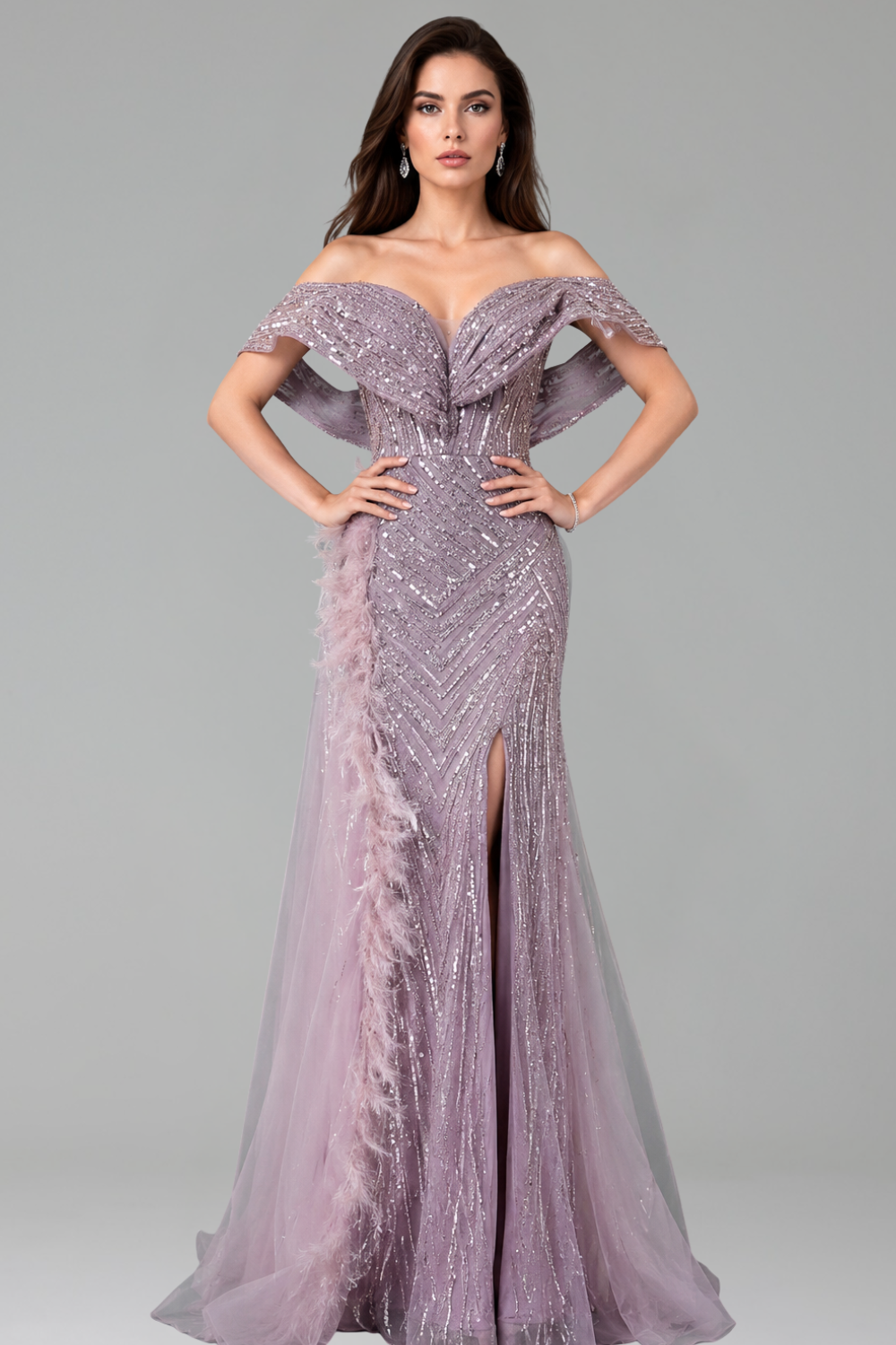 Feather Mermaid Dress with Slit