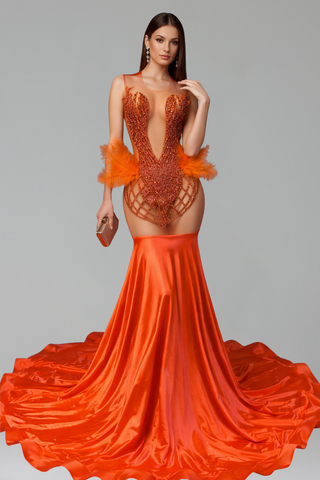 Feathered Embellished Mermaid Gown - LAROSABRIDE