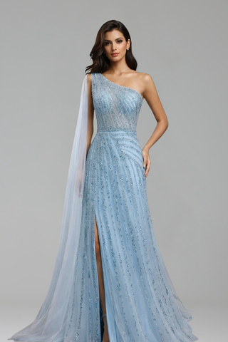 One Shoulder Beaded Evening Dress - LAROSABRIDE