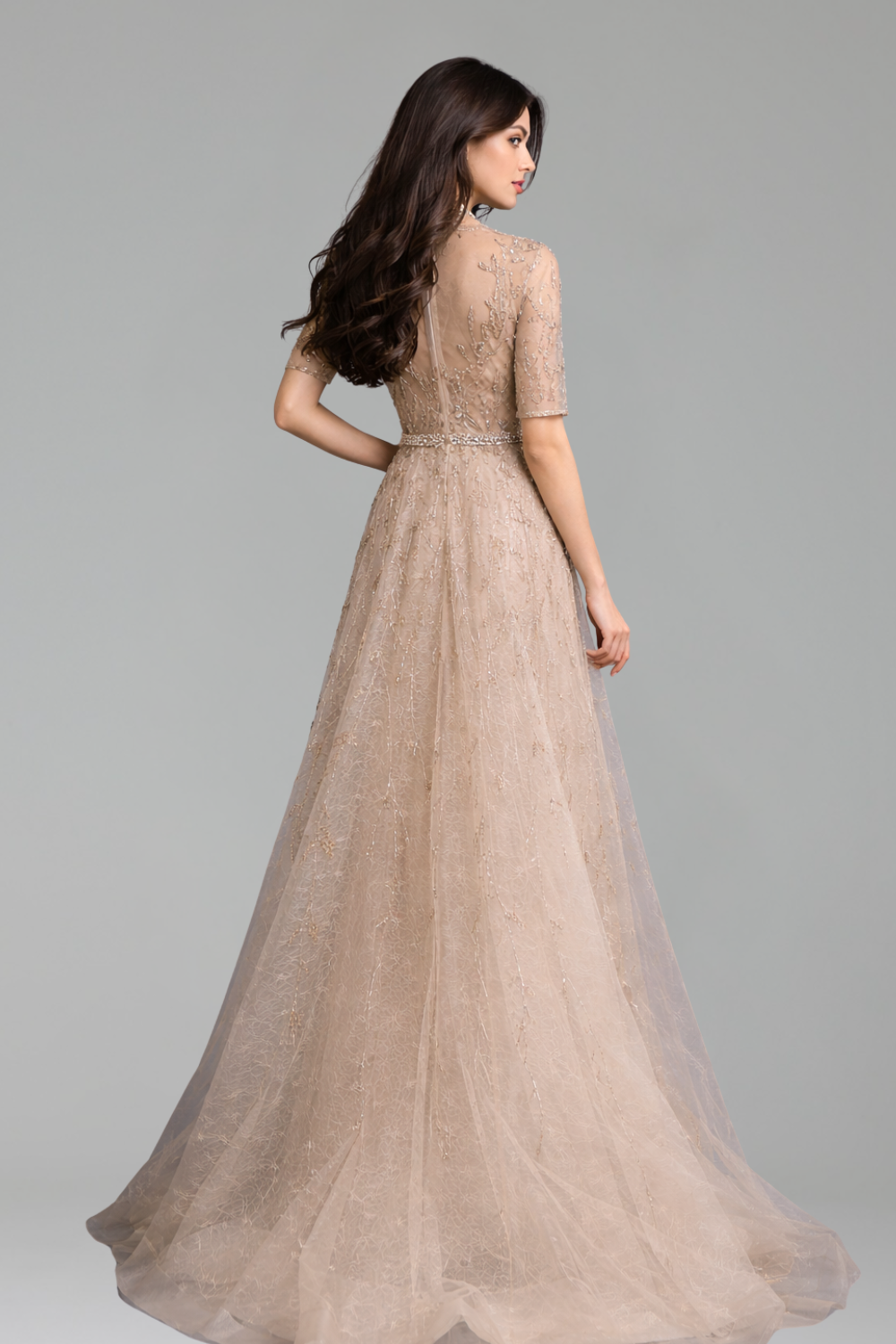 Half-Sleeve Beaded Sparkle A-Line Dress-Larosabride