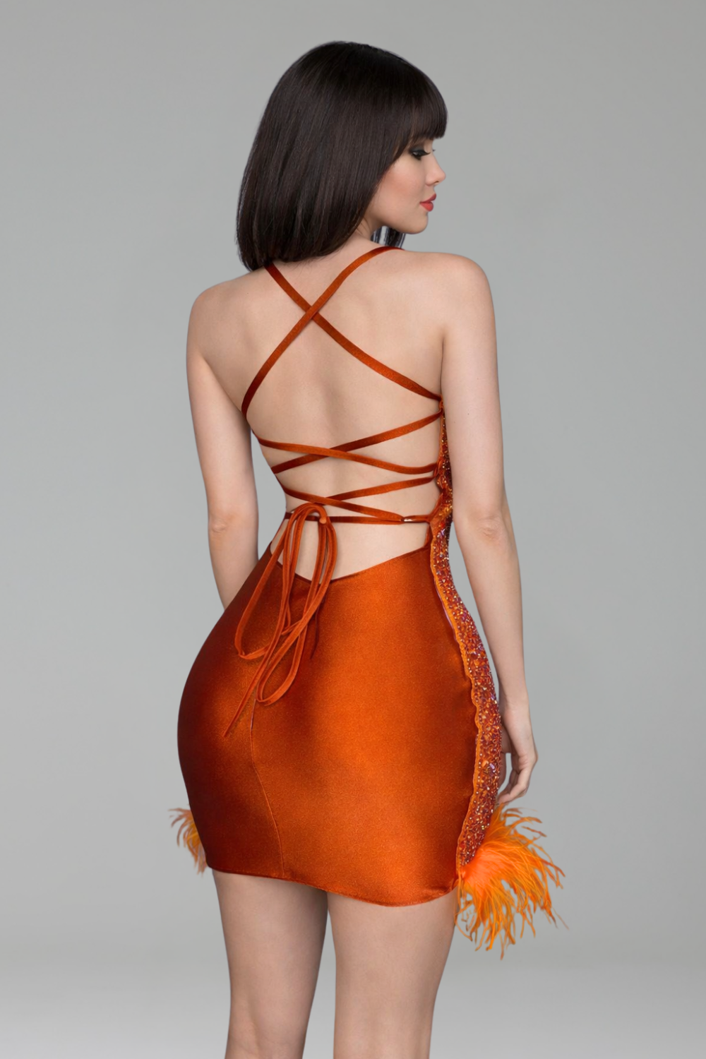 Crystal Embellished Feather Trim Mini Dress - LAROSABRIDE