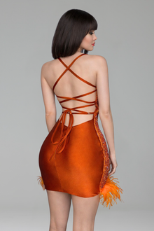 Crystal Embellished Feather Trim Mini Dress - LAROSABRIDE