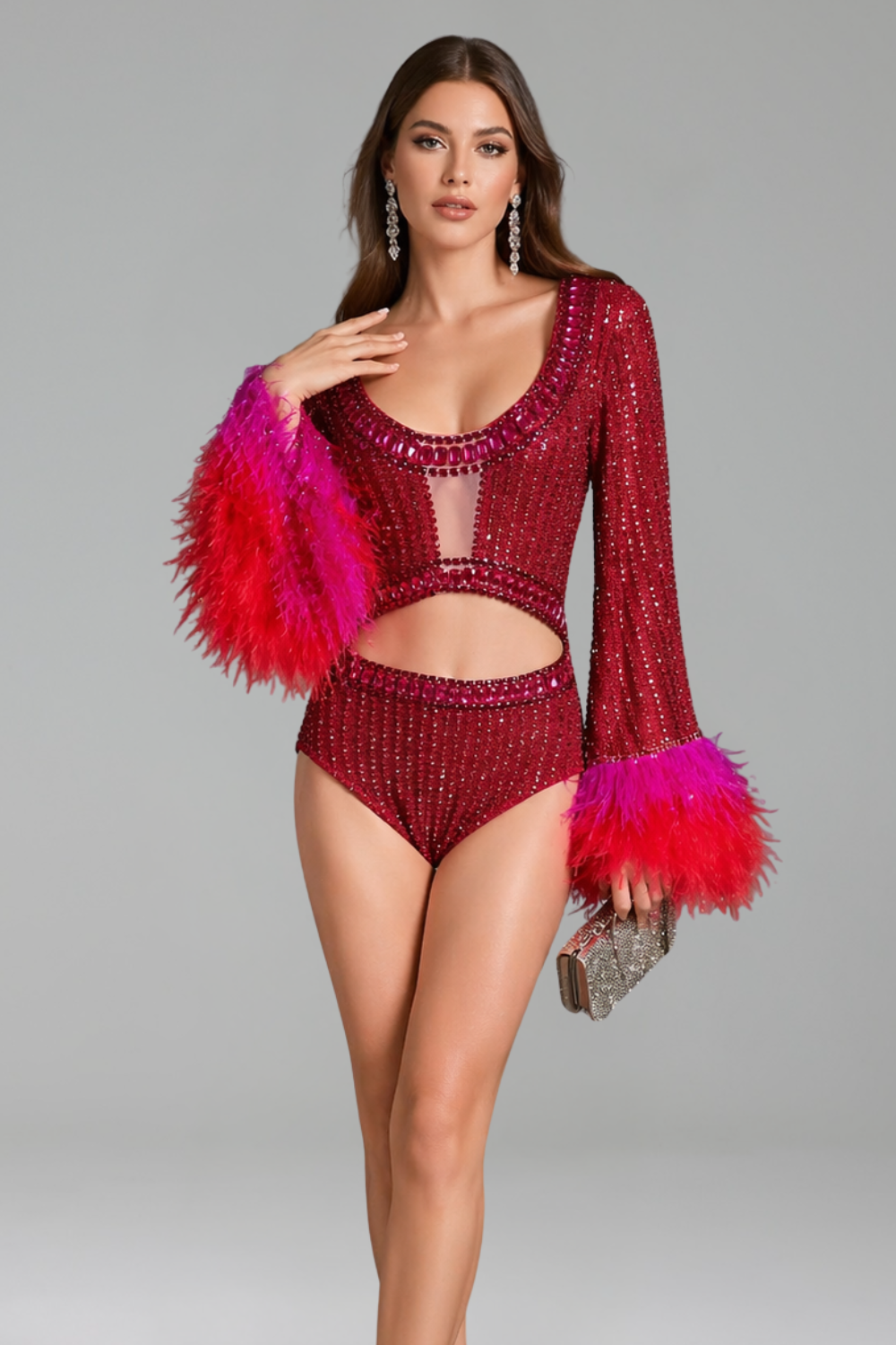 Cut-Out Crystal Flare Sleeve Bodysuit - LAROSABRIDE