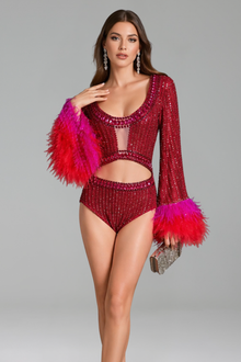 Cut-Out Crystal Flare Sleeve Bodysuit - LAROSABRIDE
