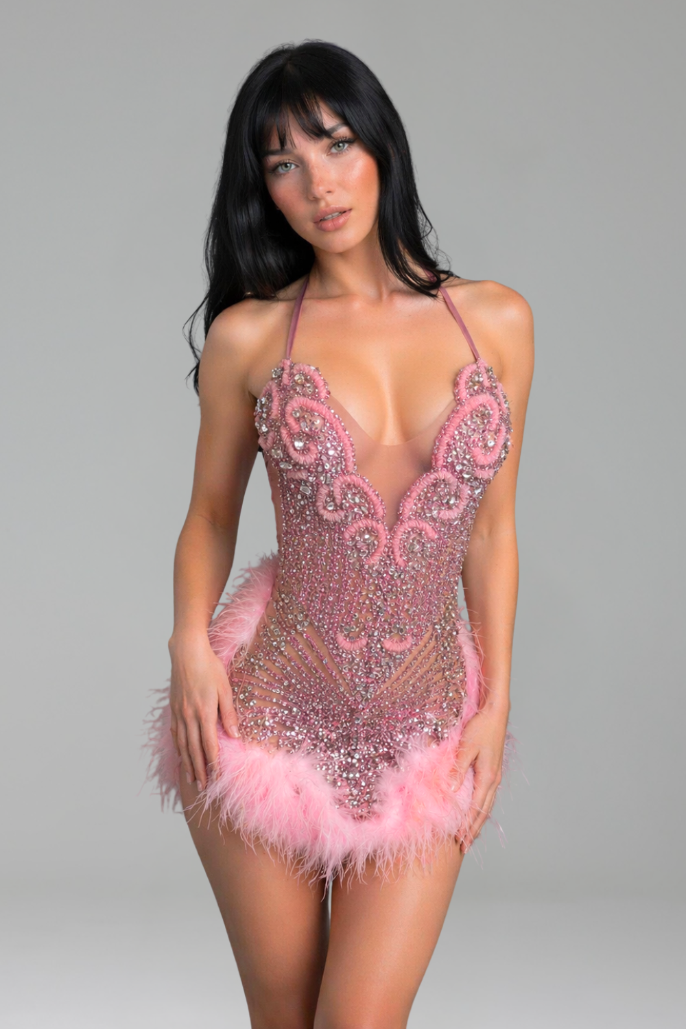Embellished Feathered Halter Mini Dress - LAROSABRIDE