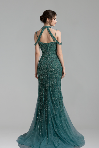 Beaded Spaghetti Strap Split Gown - LAROSABRIDE