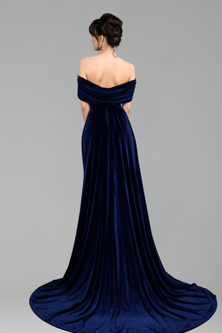Navy Blue Beaded Evening Dress - LAROSABRIDE