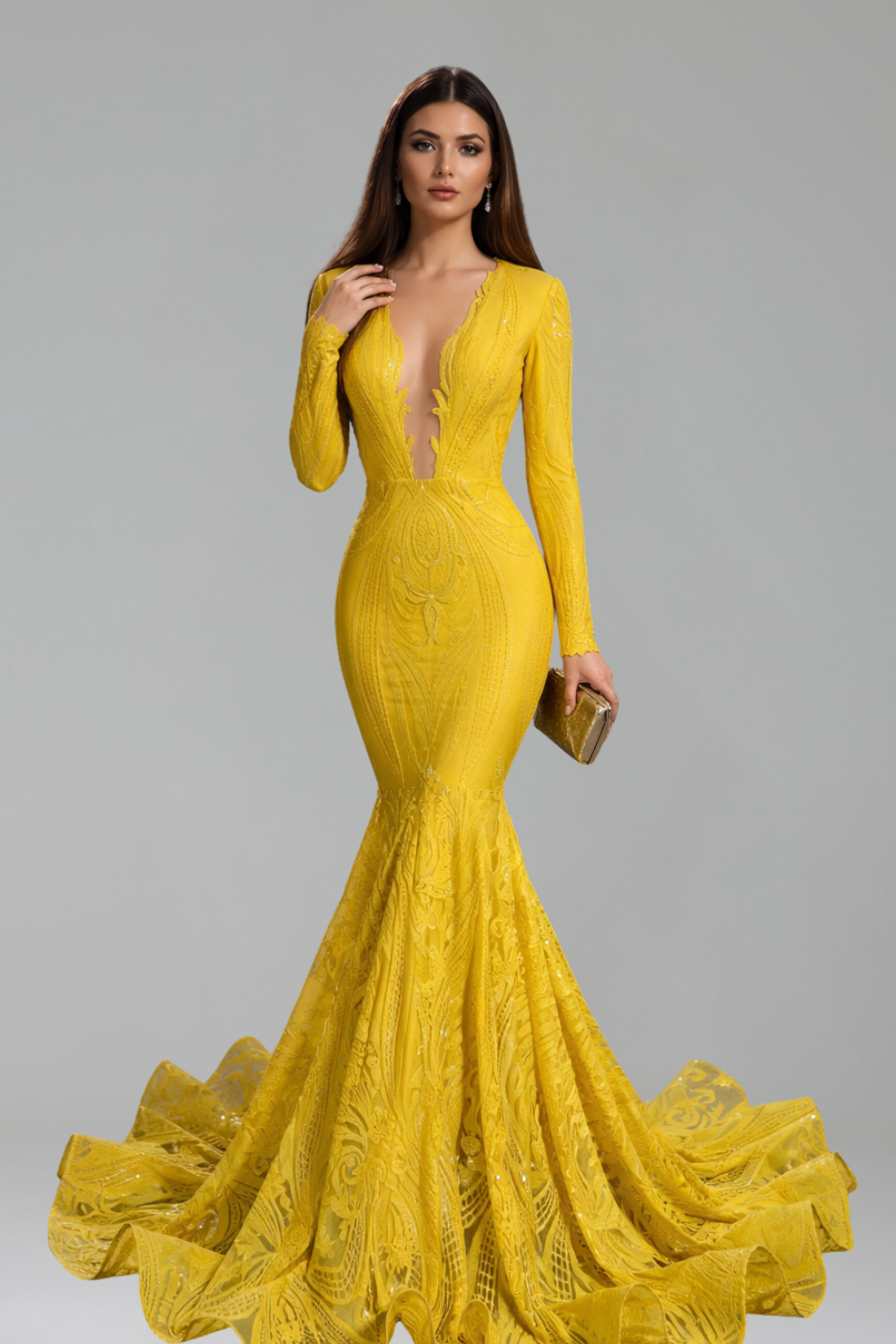Long Sleeve Deep V Mermaid Gown - LAROSABRIDE