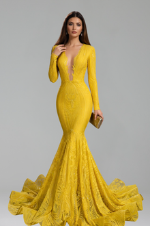 Long Sleeve Deep V Mermaid Gown - LAROSABRIDE