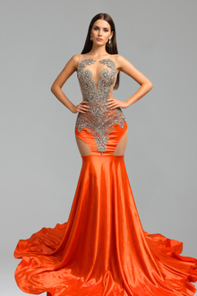 Illusion Cutout Embellished Satin Mermaid Gown - LAROSABRIDE