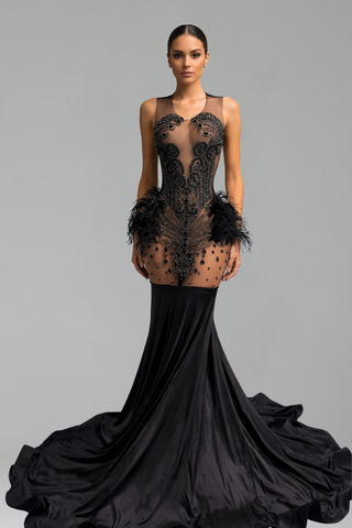 Illusion Feather Detail Mermaid Gown