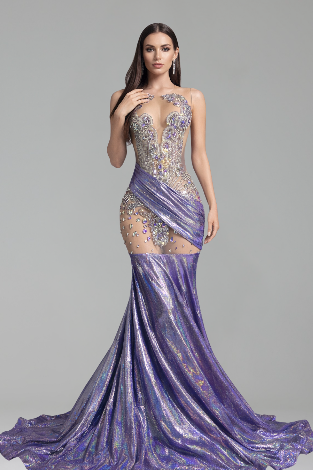 Embellished Illusion Drape Mermaid Gown - LAROSABRIDE