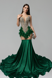 Feathered Illusion Embellished Gown - LAROSABRIDE