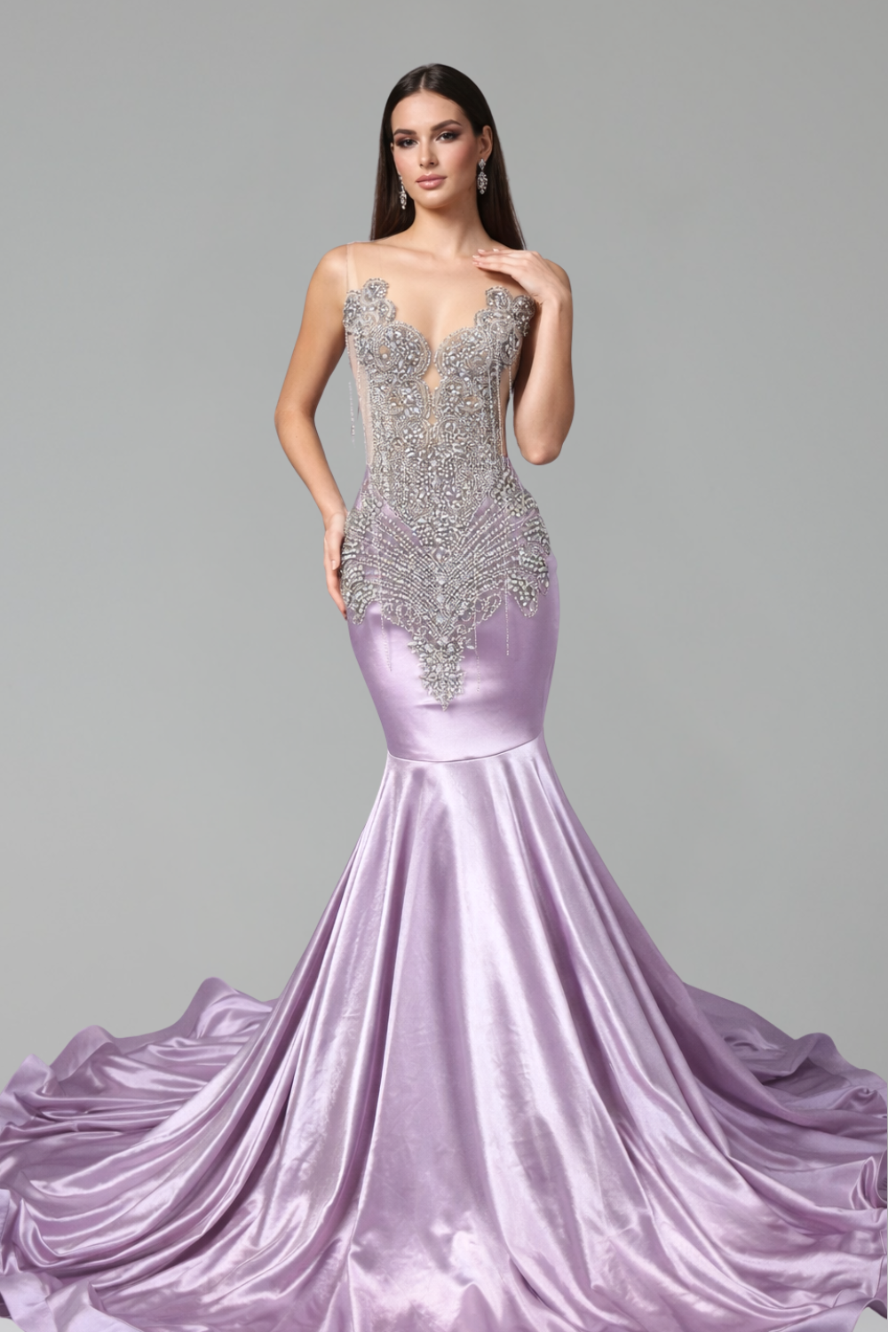 Embellished Illusion Satin Mermaid Gown - LAROSABRIDE
