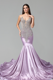 Embellished Illusion Satin Mermaid Gown - LAROSABRIDE