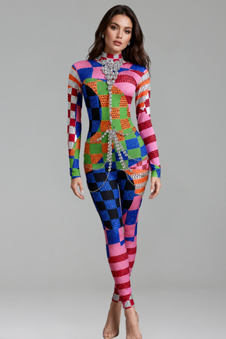 Patchwork Rhinestone Catsuit - LAROSABRIDE