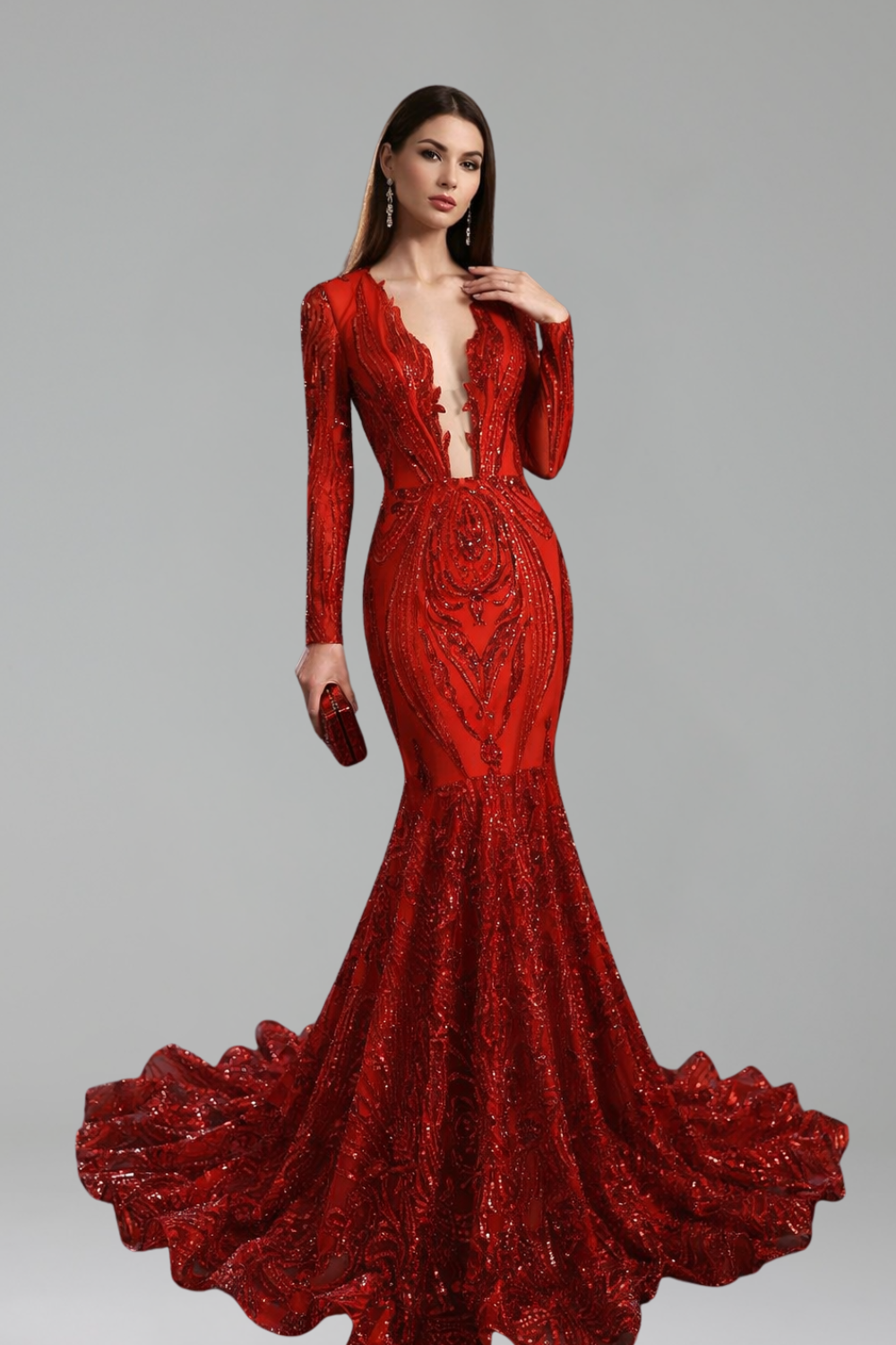 Long Sleeve Deep V Mermaid Gown - LAROSABRIDE