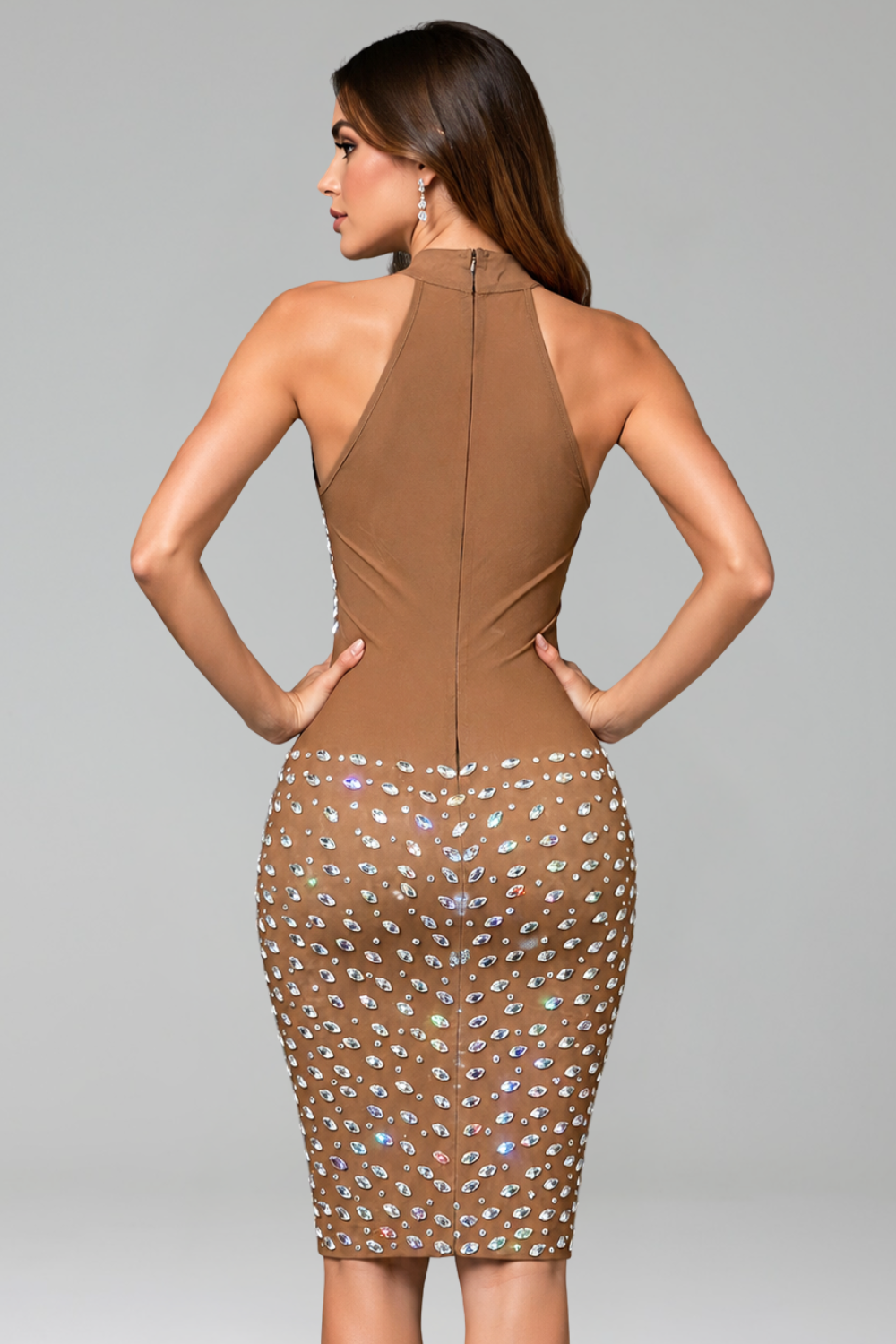 Crystal Embellished Halter Mini Dress - LAROSABRIDE