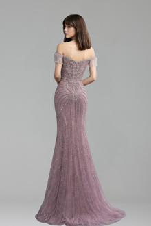 Off Shoulder Crystal Beaded Dress - LAROSABRIDE