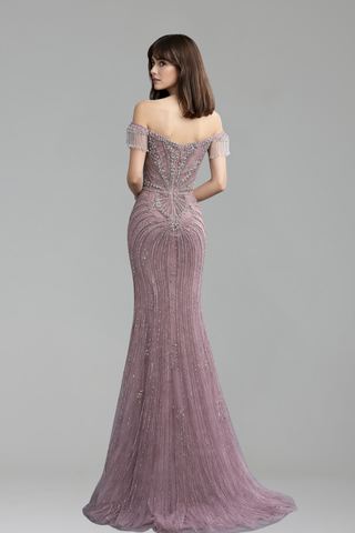 Off Shoulder Crystal Beaded Dress - LAROSABRIDE